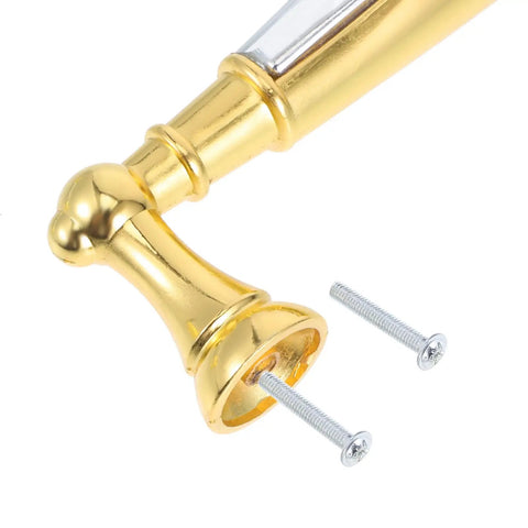 Close-up of gold finish Two Pack Colorful Glass Cabinet Door Handles With Crystal Center Long Metal Drawer Pulls and screws