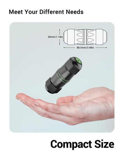 Waterproof RJ45 Coupler For Outdoor Ethernet Cables Cat6 Cat5e Cat5 IP68 shielded shown resting on hand, 3.48 inch length