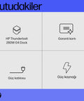 HP Thunderbolt Docking Station with 280W fast charge features icons for dock, warranty card, power cable, and power source.