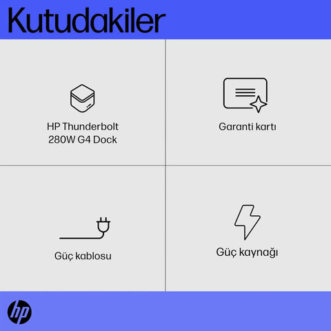 HP Thunderbolt Docking Station with 280W fast charge features icons for dock, warranty card, power cable, and power source.