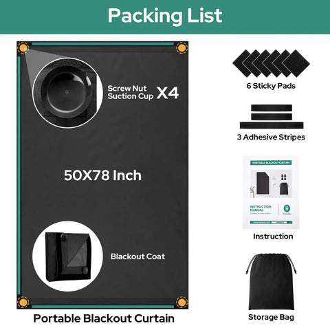 Packing list for Travel Blackout Curtain That Blocks Out One Hundred Percent Sun And UV Rays No Drill Window Cover With Stickers And Suction Cups Portable Light Blocking Shades For Bedroom Nursery Dorm RV 50 By 78 Inches, including curtain, suction cups, sticky pads, and storage bag.