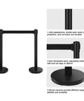 Built Tough Heavy Duty Black Crowd Control Stanchions With Premium Steel, 6.5 Foot Retractable Belt Safety Barriers shown with detailed features.