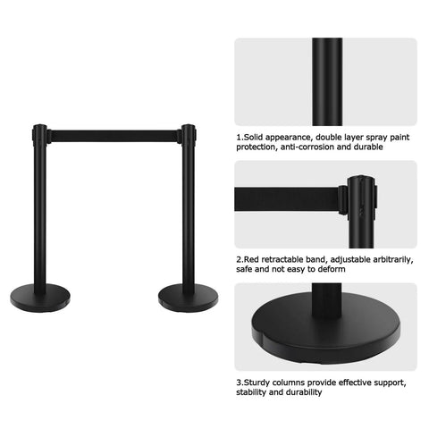 Built Tough Heavy Duty Black Crowd Control Stanchions With Premium Steel, 6.5 Foot Retractable Belt Safety Barriers shown with detailed features.