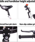 Details of the adjustable handlebar and seat, reinforced four-pin stem, and non-slip rubber grip of the Three Wheel Cruiser Tricycle For Kids Outdoor Fun With Adjustable Handlebar And Seat, Pneumatic Tire Spoked Wheels, Pedals And Single Brake, Back Seat Tandem Ride, Durable Rickshaw Style Trike For Casual Hangin Out.