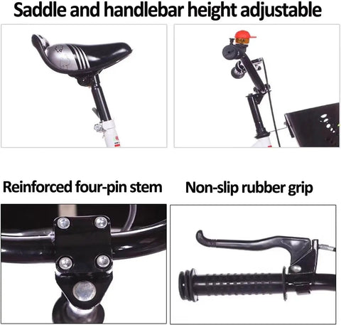 Details of the adjustable handlebar and seat, reinforced four-pin stem, and non-slip rubber grip of the Three Wheel Cruiser Tricycle For Kids Outdoor Fun With Adjustable Handlebar And Seat, Pneumatic Tire Spoked Wheels, Pedals And Single Brake, Back Seat Tandem Ride, Durable Rickshaw Style Trike For Casual Hangin Out.