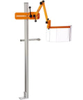 MG-1 Floor Mount Milling Machine Guard With OSHA Compliant Safety Shield For Manual Mills Lexan Window One Quarter Inch Thick Polycarbonate Aluminum Frame Built Tough Heavy Duty Made In USA mounted on a floor stand