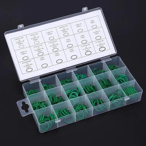 Front view: High-temperature nitrile O-ring kit, 270 pieces, in clear storage box with green O-rings.