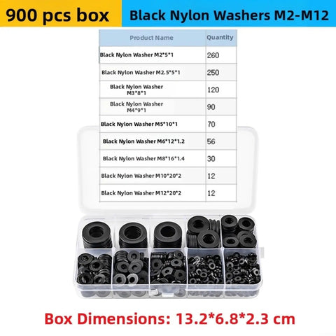 All In One Nylon Flat Washer Kit 900 Pcs Black Plastic Gaskets M2 To M10 For Electrical Insulation And Heavy Duty Fastening In Automotive Machinery And Home Improvement DIY Projects. 900-piece black nylon washer assortment in compartment box