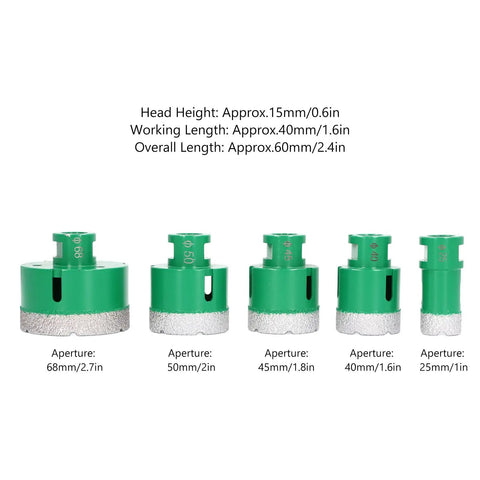 Top Tier Brazed Hole Saw Set With 5 Core Drill Bits Perfect For Marble Tile And Glass Work Comes With A Rugged Aluminum Storage Box To Keep Your Tools Safe And Organized On Any Jobsite Project., five green brazed diamond core drill bits, 25-68mm