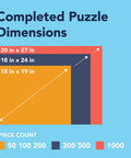 Diagram showing completed puzzle dimensions for 300 Piece Hot Air Balloon Festival Puzzle For Adults by Michael David Ward.