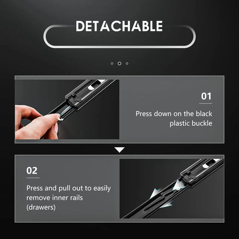 Instructions for detaching Full Extension Drawer Slides Pair 8 To 24 Inch, 100 LB Load Capacity, Beefy Side Mount Ball Bearing Metal Dresser Runners For Kitchen Cabinets, File Cabinets, Dresser Drawers, Trash Can Sliders, Black