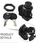 Black 27mm Push Fit Latch for RV and marine storage boxes with keys, showing keys and metal camper lock component detail.