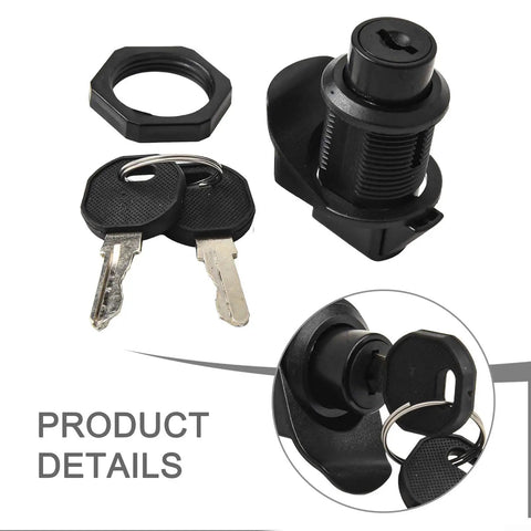 Black 27mm Push Fit Latch for RV and marine storage boxes with keys, showing keys and metal camper lock component detail.