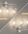 Dope Vintage 3 Light Vanity Fixture With Industrial Chrome Finish Over Mirror Bath Light With Clear Glass Shades Wall Mount Bathroom Lighting E26 Socket Compatible Modern Rustic Style showcasing up and down lighting.