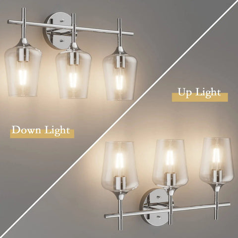 Dope Vintage 3 Light Vanity Fixture With Industrial Chrome Finish Over Mirror Bath Light With Clear Glass Shades Wall Mount Bathroom Lighting E26 Socket Compatible Modern Rustic Style showcasing up and down lighting.