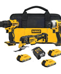 Kick-Ass 20V Max Brushless Cordless 3-Tool Combo Kit Featuring Half Inch Drill Driver, Quarter Inch Impact Driver, Oscillating Multi Tool With Three Durable Batteries And Turbo Charger For Home Improvement And Handyman Household Projects in a black and yellow carry bag.