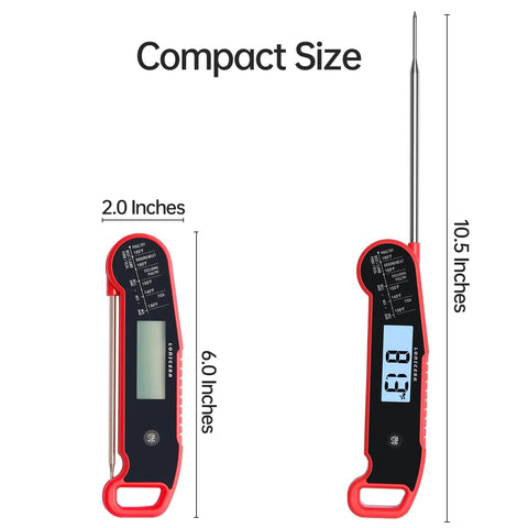 Digital Meat Thermometer For Cooking With Instant Read In Under One Second And Nine Tenths Fahrenheit Accuracy With Thermocouple Sensor IP67 Waterproof No Fuss Auto Rotating Display Auto Wake Up Red, showing size measurements of 10.5 inches and 6.0 inches.