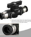 Durable Pneumatic Ball Valve 12mm x 12mm OD Push to Connect Fitting for Air and Hydraulic Lines, shown in black and nickel.