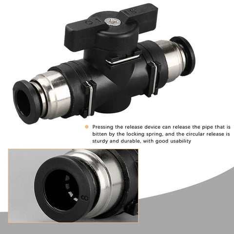 Durable Pneumatic Ball Valve 12mm x 12mm OD Push to Connect Fitting for Air and Hydraulic Lines, shown in black and nickel.