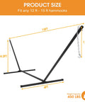 Heavy Duty Steel Hammock Stand For Two Peeps, Portable Outdoor Frame With Hooks And Chains, 15 Ft Hammocks Compatible, 450 Lb Capacity, Fits 12 To 15 Ft Hammocks, Black; 15 ft frame with measurements.