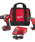 Industrial Strength M18 Cordless 1/2 Inch Hammer Drill With Led Work Light Brushless Motor Power For Killer Wood And Masonry Jobs A Top Shelf Build Designed To Outlast in a red carrying bag with charger and flashlight.