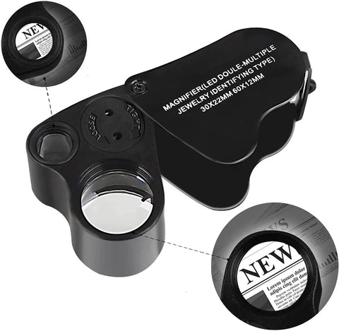 Two Pack Jewelers Loupe With Light 30X 60X 90X Triple Magnification for coin diamonds gems jewelry and stamps, black compact design