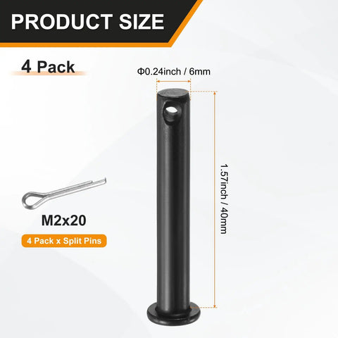 4-Pack M6x40mm Single Hole Clevis Pins Black For Quick, Heavy-Duty Assembly And Solid Rigging In Machinery, Farm Equipment, Aviation, Construction, Shipbuilding, And DIY Projects; black pin with split pin and 40mm size