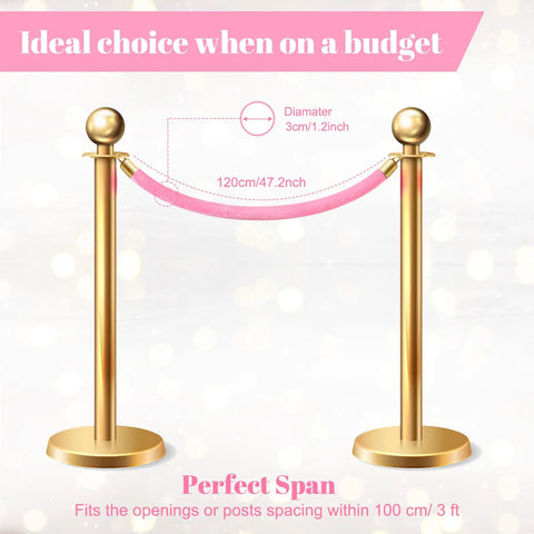 Six Pieces Velvet Stanchion Rope Set With Gold Hooks 4 Feet Each Pink Carpet Ropes illustration with dimensions.