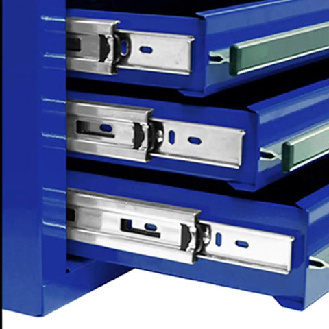 Close-up of 36 Inch 8 Drawer Blue Top Chest With Full Extension Ball Bearing Slides Gas Struts EVA Drawer Liners And Top Mat