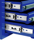 Close-up of blue drawers with ball bearing slides from Pro II Series 54 Inch 10 Drawer Roller Cabinet In Blue With Heavy Duty Ball Bearing Slides On Each Drawer Lift Latch Pulls EVA Drawer Liners Included All Drawers Built To Last UV Protected Powder Coat Finish 6 Inch Casters And Deep 24.5 Inch Depth
