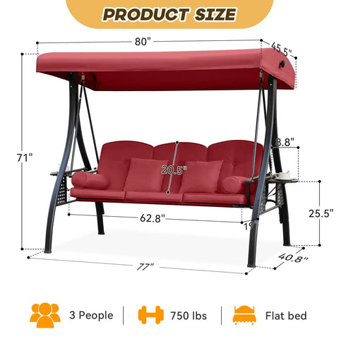 3 In 1 Outdoor Porch Swing With Adjustable Canopy For Adults, Cozy 3 Seat Patio Swing With Thick Cushions, Wine Red, Dimensions