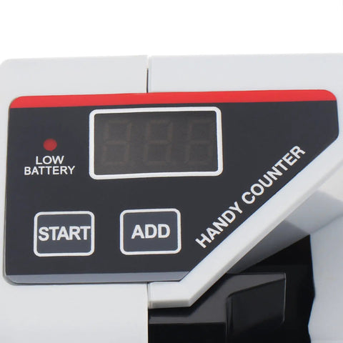 Close-up of Portable Mini Bill Counter Machine For Cash Currency interface showing controls and display screen