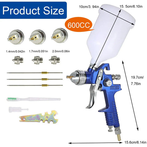 HVLP Spray Gun With Replaceable 1.4mm 1.7mm 2.0mm Nozzles And 600cc Cup For Car Primer, Furniture Finish, Wall Painting shown with accessories