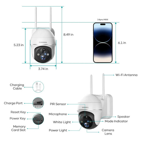 Wireless Outdoor Security Camera With Battery Power, 360 Degree View, 2K Clarity, shown with phone size comparison and features labeled.