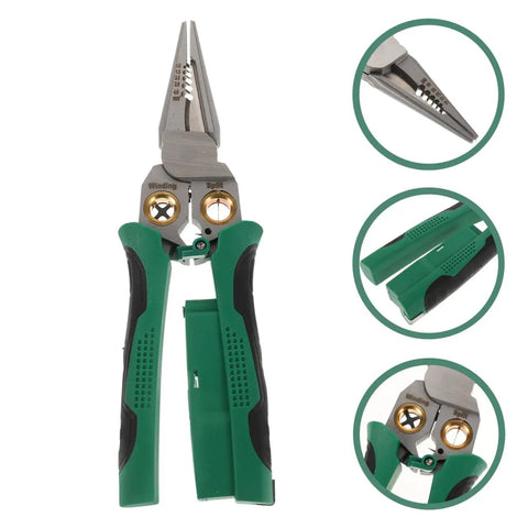 Rock Solid Multi Function Wire Strippers With Voltage Tester And Cutters Slick Non Slip Grip Heavy Duty Stainless Steel Electrician Pliers Zero Hassle Handling Portable 7 87 Inch showing jaws, grips, and functions.