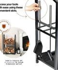 Two Tier Firewood Rack for Indoor Outdoor Use with Fireplace Tools Set Including Brush Shovel Poker Tongs Waterproof Steel Log Holder in Black Wrought Iron Look Easy Organization by the Hearth 17x12x29 showing tools hanging.
