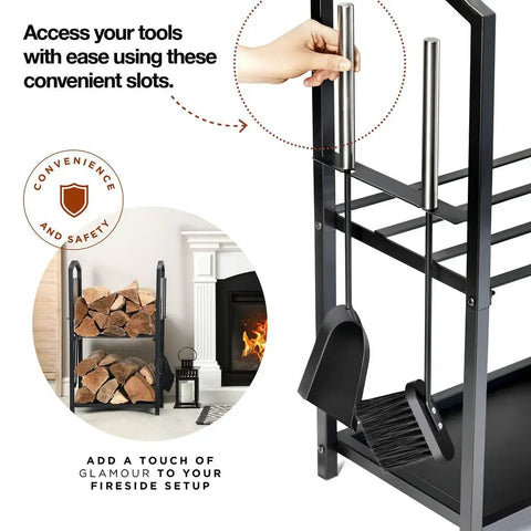 Two Tier Firewood Rack for Indoor Outdoor Use with Fireplace Tools Set Including Brush Shovel Poker Tongs Waterproof Steel Log Holder in Black Wrought Iron Look Easy Organization by the Hearth 17x12x29 showing tools hanging.