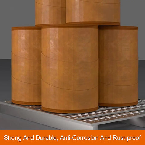 Heavy Duty Steel Forklift Pallets Built Like A Tank For Grindy Warehouse Operations holding large cylindrical barrels for industrial use.