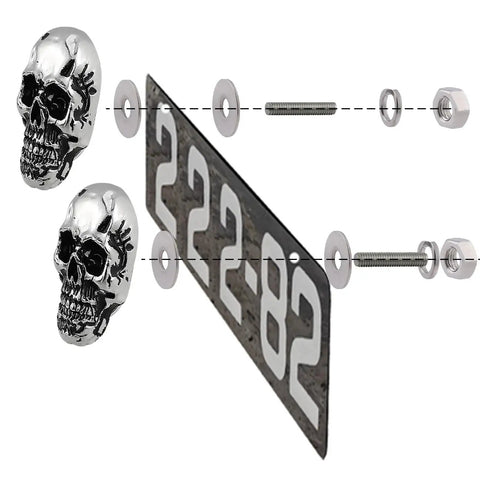 Skull License Plate Screws And Fasteners Kit For Cars Trucks Motorcycles And All Vehicles Aluminum Alloy 4 Pcs Universal Fit Silver Decorative Bolts Dope Street Ready Look For Your Ride with skull design shown installed on plate