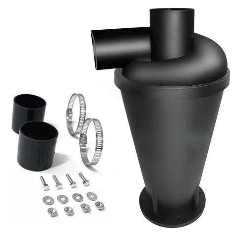 Kickass Third Generation Turbocharged Dust Extractor And Industrial Cyclone Canister Vacuum With Flange Base and heavy duty bin parts including cyclone separator, clamps, and bolts.