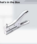 Handheld Metal Hole Puncher With 6mm Holes, 10 sheet capacity, side view showing all-metal construction and 1.9 inch throat.