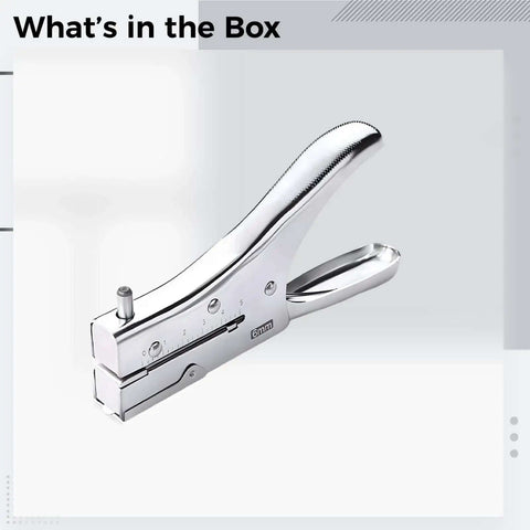 Handheld Metal Hole Puncher With 6mm Holes, 10 sheet capacity, side view showing all-metal construction and 1.9 inch throat.