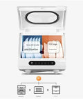 Open view of an Ultra Compact Countertop Dishwasher that knocks out greasy pans and saves precious counter real estate.