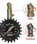 JACO Elite tire pressure gauge with 0-100 psi dial, brass knurled body and angled nozzle