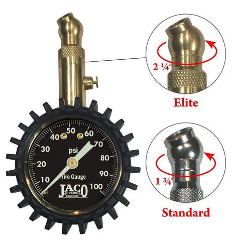 JACO Elite tire pressure gauge with 0-100 psi dial, brass knurled body and angled nozzle