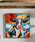 Cool Cow Portrait With Sunglasses Modern Hand Painted Textured Wall Art Framed Cow Head Floral Canvas in living room