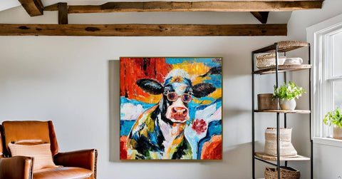 Cool Cow Portrait With Sunglasses Modern Hand Painted Textured Wall Art Framed Cow Head Floral Canvas in living room