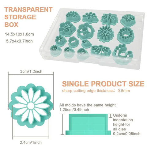 Hella Awesome Mini Flower Polymer Clay Cutters For Crafting Chic Daisy Rose Lotus Shapes With Top Shelf Hobby Molds in storage box.