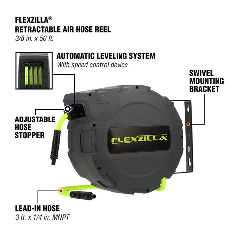 Retractable Enclosed Plastic Air Hose Reel 3/8 Inch By 30 Foot Heavy Duty Lightweight Hybrid ZillaGreen With Auto Lock