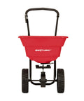 Front view of Deluxe Heavy-Duty Walk-Behind Commercial Broadcast Spreader with 80 lb capacity and 10-inch poly tires.